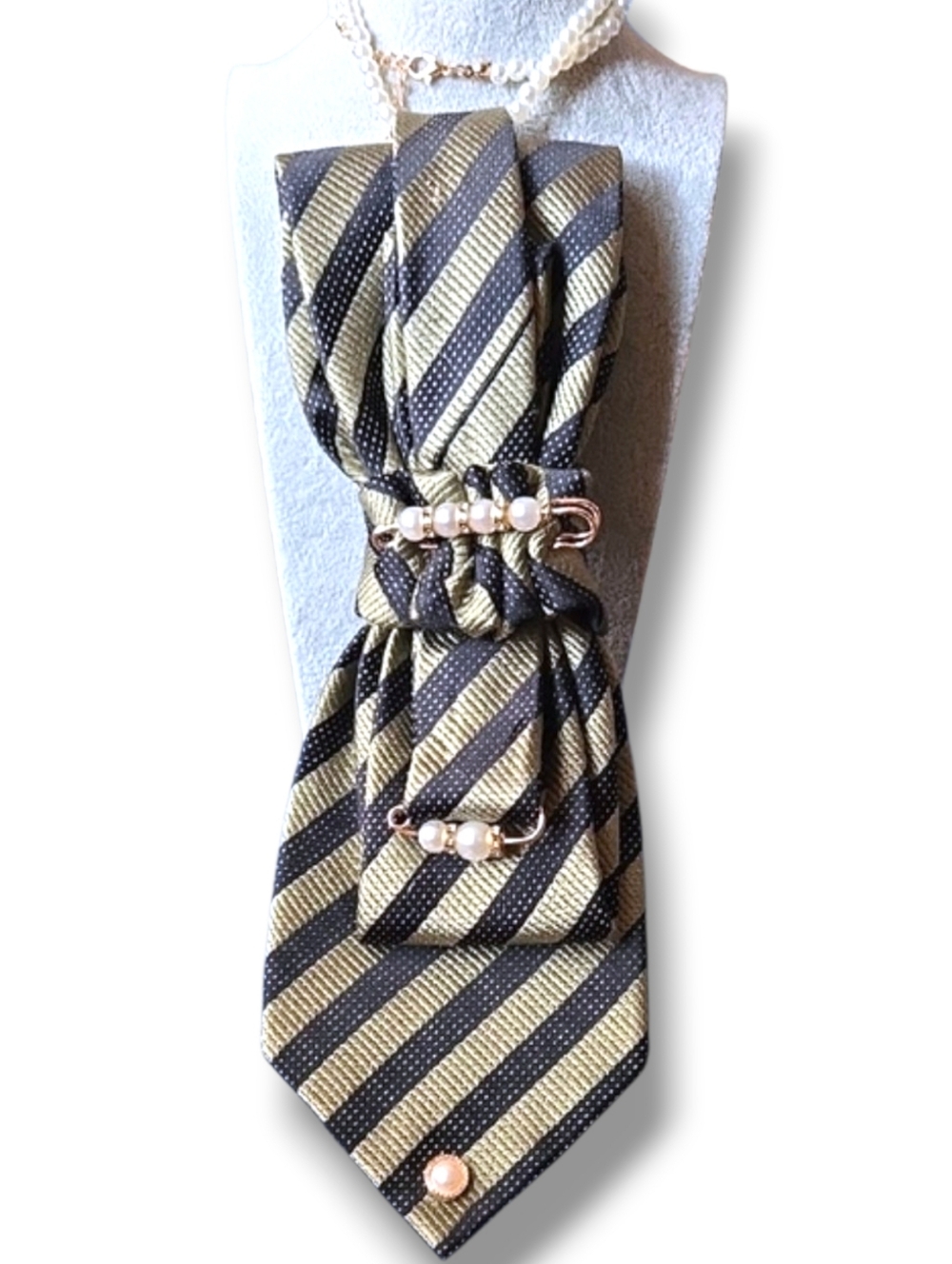 3/$60 Green-Gold Black  Striped Folded Cravat with Pearl Accents